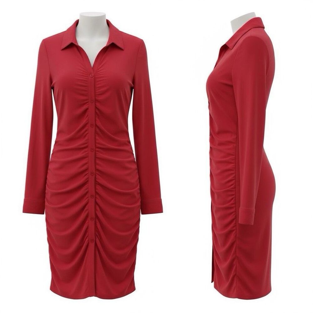 NWT Cherry Red Collar Button-Down Ruched Bodycon Mini Dress Juniors Size L